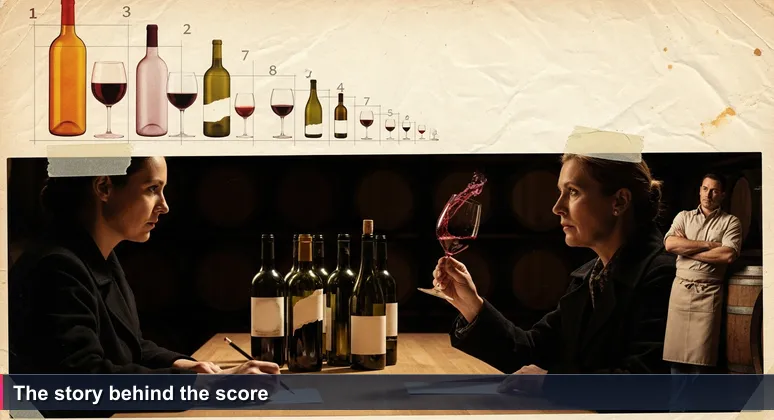 A judge at a wine tasting table in a bodega, swirling a glass of Tannat and scoring, symbolizing startup evaluation.