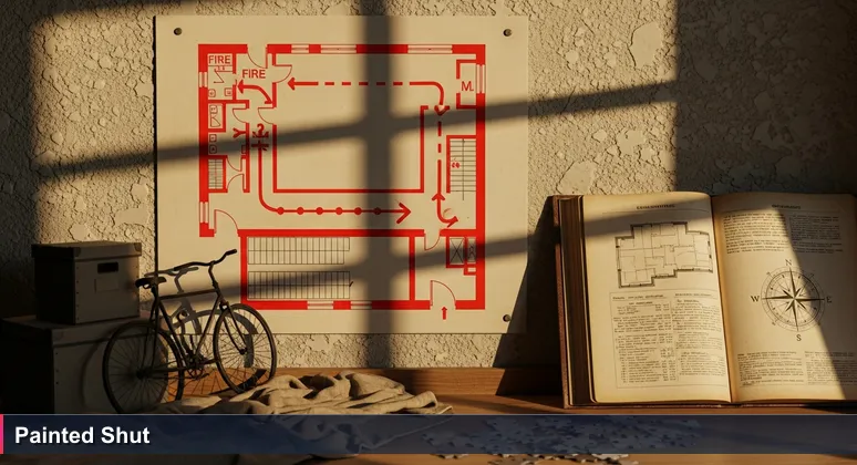 Close-up of a fire escape diagram on a Montevideo apartment wall, with painted-shut window and clutter blocking the path.