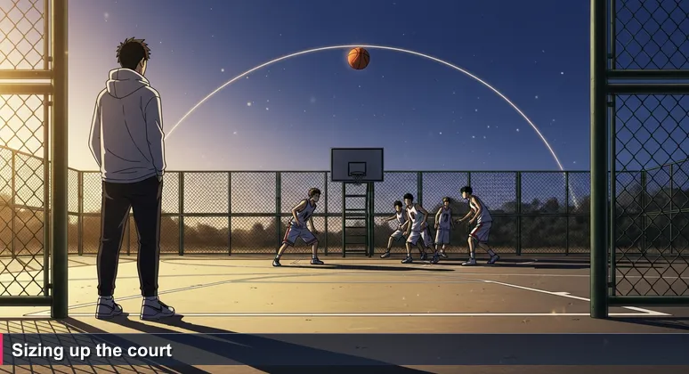 A basketball player in street clothes stands at the edge of an outdoor court, watching a game. The ball is in mid-air, and three players look back, sizing up the newcomer.