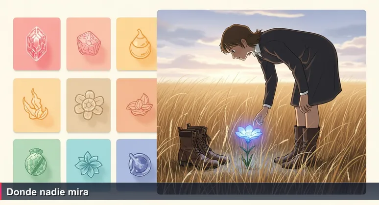 Una flor azul eléctrico en un campo de Rocha, Uruguay, con una persona inclinada tocándola, simbolizando oportunidades ocultas de carreras en IA.