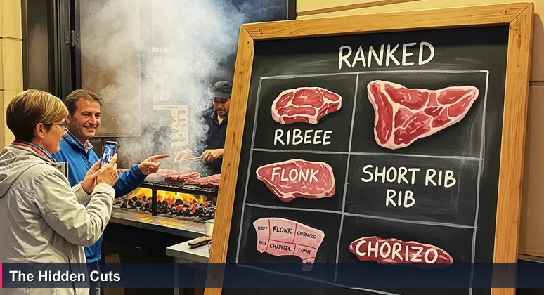 A weathered chalkboard on 18 de Julio in Montevideo lists 'Top 10 Parrilla Cuts' as a tourist looks at it and a local grins, symbolizing that the best opportunities are not on the list.