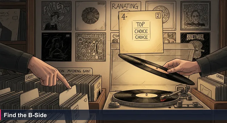 A person in a dimly lit record shop holding a vinyl record sleeve, tilting it toward the light to read the liner notes, with a turntable and needle in the foreground.