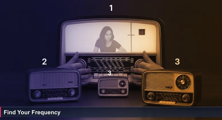 Close-up of weathered hands turning a vintage radio dial on a dark wooden table, with amber glow and faint woman silhouette reflected in the glass
