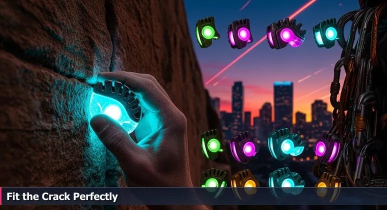 A climber's hand placing specialized gear into a crack on Boulder's Flatirons at sunset, symbolizing precision AI startups.