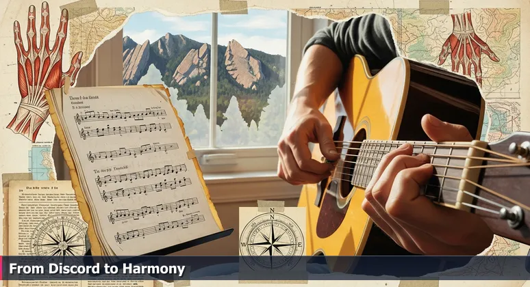 Close-up of hands struggling to play guitar with sheet music visible, Boulder's Flatirons in the background, symbolizing the challenge of applying AI theory in practice.
