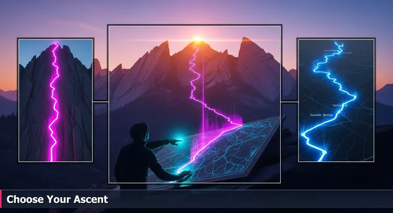 A climber in Boulder's Flatirons at sunrise, studying a topographical map at a trail junction, symbolizing career path decisions in tech.