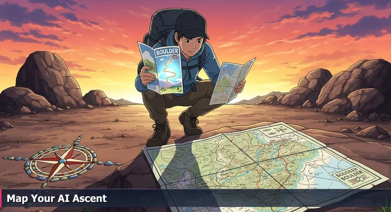 A hiker at a Boulder trailhead comparing a simple map with a detailed topographic map, symbolizing career planning for AI professionals in 2026