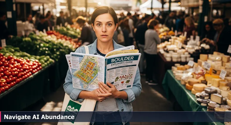 A visitor overwhelmed at Boulder Farmers Market, symbolizing the abundance of AI networking opportunities in Boulder's 2026 scene.