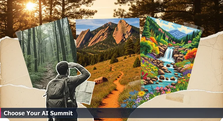 A hiker at a trail junction in Boulder's Flatirons, holding a map with multiple routes and looking towards a distant summit, symbolizing career choices for AI engineers.