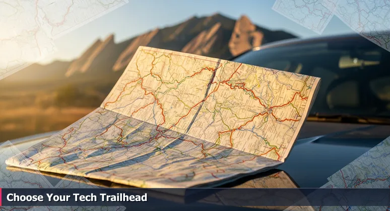 Creased trail map on a car hood at a Boulder trailhead, depicting multiple hiking trails with labels like 'Most Popular' and 'Less Traveled', with the Flatirons mountains in the soft morning light behind.