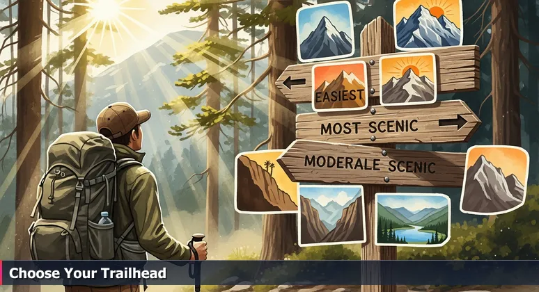 A hiker at a Boulder trailhead contemplating a signpost with arrows representing different AI bootcamp options, set against the Rocky Mountains