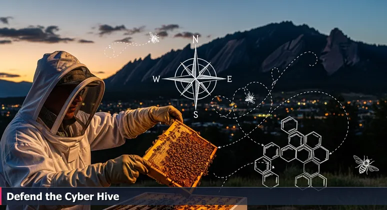 A beekeeper in protective gear inspecting a honeycomb at dusk with the Flatirons and Boulder city lights in the background, symbolizing cybersecurity vigilance in the local ecosystem.