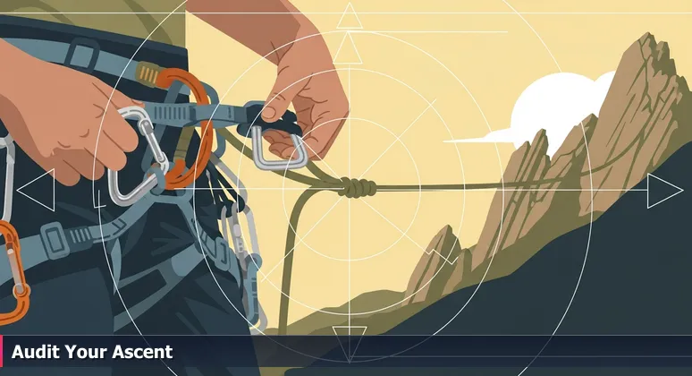 Close-up of climber's hands adjusting a harness with carabiners against Boulder's Flatirons, symbolizing financial preparation for tech careers.