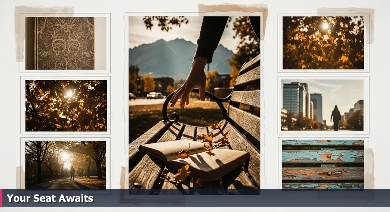 A person pausing by an empty wooden bench in a Boulder park, with the Flatirons mountains and a distant tech campus in the background.