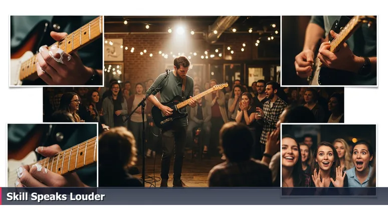 A guitarist with calloused fingers performing at a Boulder venue like the Fox Theatre, symbolizing how raw talent leads to tech jobs without a degree in 2026.