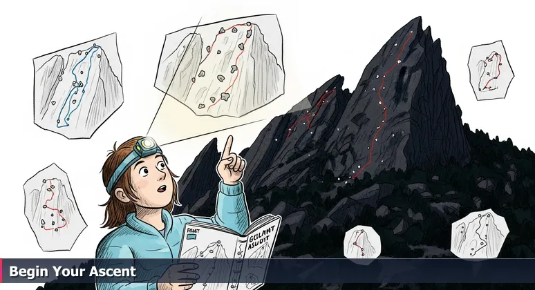 A junior developer depicted as a rock climber at dawn on Boulder's First Flatiron, evaluating multiple ascent routes that symbolize tech startup opportunities.