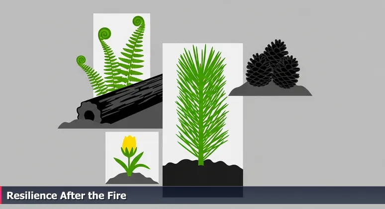 Vibrant green shoots emerging from charred forest soil in Colorado's Rocky Mountains, symbolizing the resilience and renewal of Boulder's women-in-tech community after industry shifts.