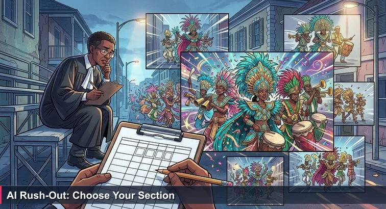 Pre-dawn Bay Street Junkanoo judge with a clipboard and scorecard in foreground, blurred costumed performers rushing past under streetlights on Nassau’s Bay Street.