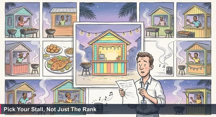 Twilight Arawak Cay Fish Fry with string-lit seafood stalls, smoke from grills, a man in office clothes holding a crumpled “Top 10 Fish Fry” printout amid a lively Nassau crowd.