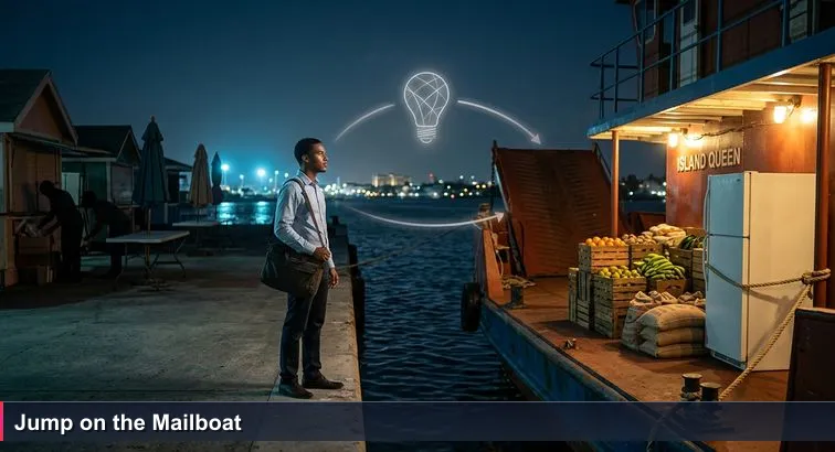 Night at Potter’s Cay dock: a rust-red mailboat with ramp half-raised, crates and sacks on deck, vendors packing up, and a young Bahamian in office clothes watching with a laptop bag.