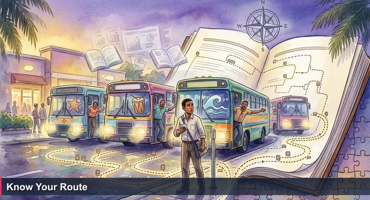 Early evening at a Nassau jitney stop near Marathon Mall: colorful jitneys lined up, conductors calling routes, a young Bahamian in office clothes clutching a single $1.25 fare, uncertain.