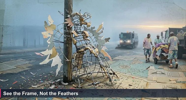 Pre-dawn Bay Street after Junkanoo: discarded feathers and sequins scatter the pavement, a bare costume wire frame leans against a light pole while workers and a street sweeper move in the background.