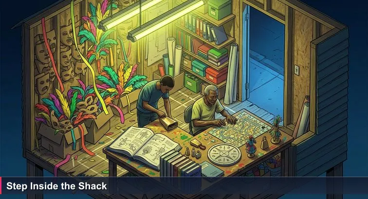 A dim Junkanoo shack at night with fluorescent bulbs, cardboard masks and crepe paper beside a small AI meetup: laptops, sticky notes, and people talking quietly.