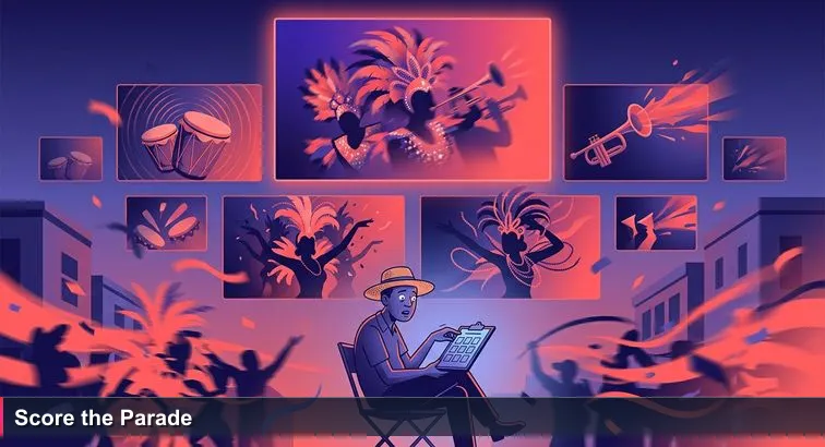 Pre-dawn Bay Street Junkanoo scene: a judge in a straw hat with a clipboard watches blurred dancers and brass musicians, capturing overwhelmed wonder and pressure to decide.