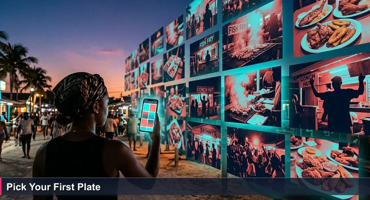 Twilight at Arawak Cay: a young Bahamian holds a glowing phone showing a neat 'Top 10' list amid colourful Fish Fry stalls, grilling smoke, vendors and soca - symbolising the messy choice of a first tech opportunity.