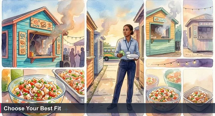 Late-afternoon Arawak Cay fish fry with smoke, brightly painted conch shacks reading “#1,” and a Bahamian office worker deciding which stall to buy from before catching the jitney.