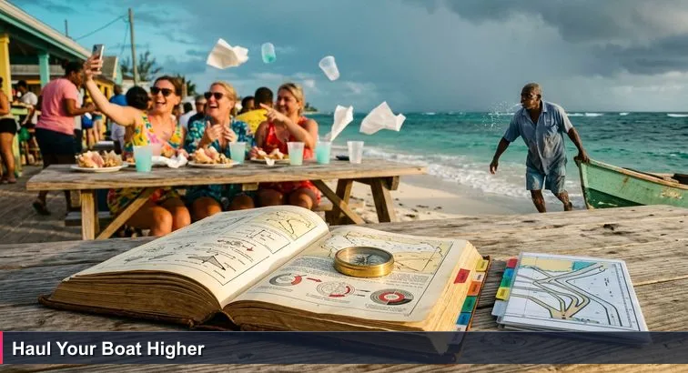 Late-afternoon scene at Arawak Cay: tourists eating conch as the sky darkens, an older fisherman hauling his small boat higher on the sand while napkins lift in a sudden gust.