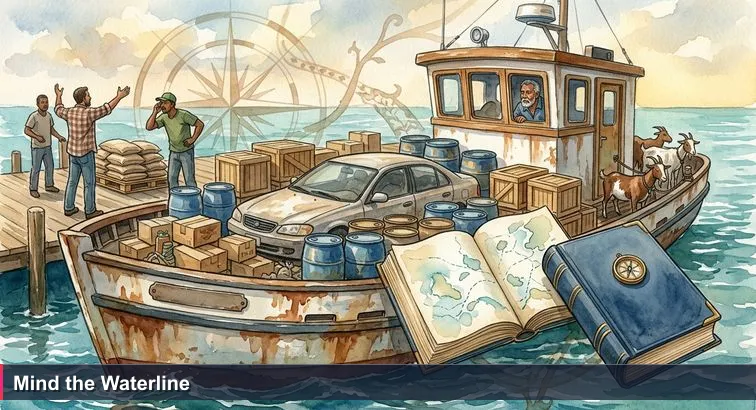 Rust-streaked mailboat at Potter’s Cay Dock piled with water barrels, boxes, a car and goats while dockworkers load the last pallet and the captain eyes the waterline.