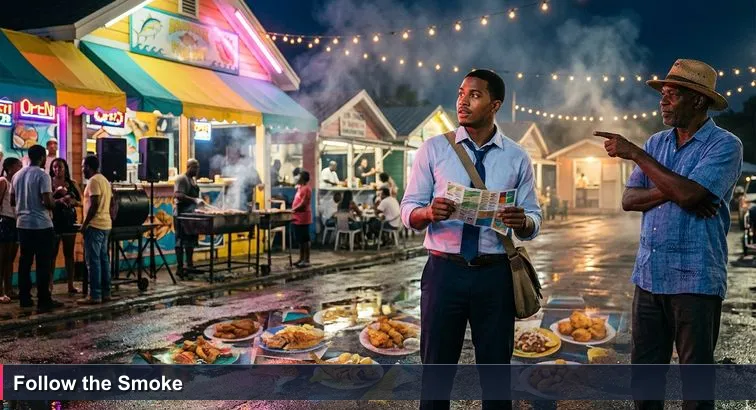 Night scene at Arawak Cay fish fry with grills smoking; a young professional holding a crumpled Top 10 list while a local points toward a distant stall, bright lights and wet pavement.