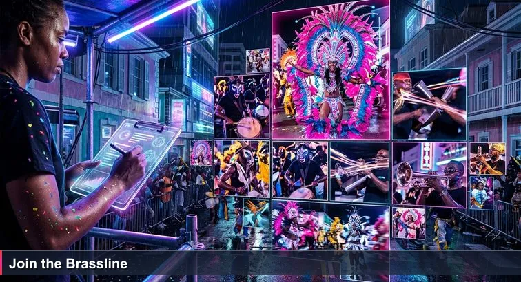 Nighttime Junkanoo scene on Bay Street: a judge on a scaffold with a clipboard and pen, feathered dancers and brassline rushing past, confetti and drums in motion