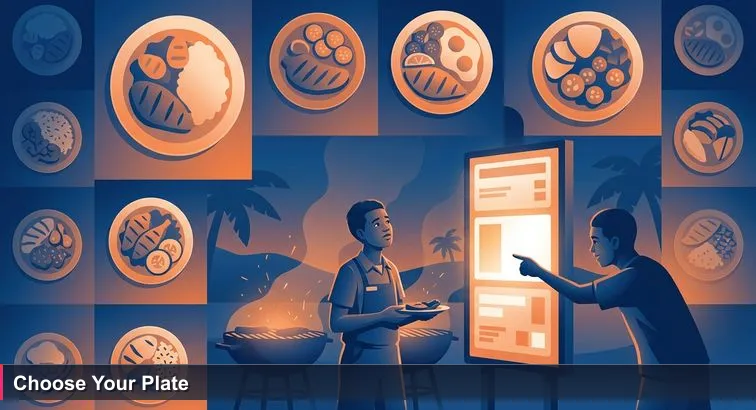 Twilight at Arawak Cay fish fry: smoke from grills, vendors and glowing menu board listing combos #1-#10, a young Bahamian hesitates while a friend points at #1.