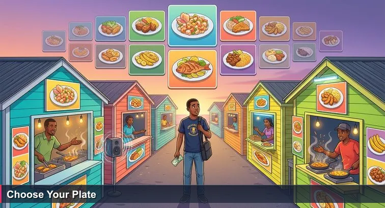 Sunset at Arawak Cay with a young Bahamian in a UB t-shirt standing amid brightly painted food stalls, laptop bag slung over a shoulder, hesitating between vendors.