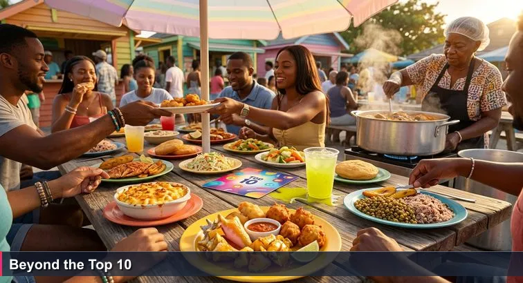 Arawak Cay late-afternoon scene: a laminated ‘Top 10’ card half-soaked beside a steaming pot of stew fish, hands passing plates - symbolising shared community and networks.