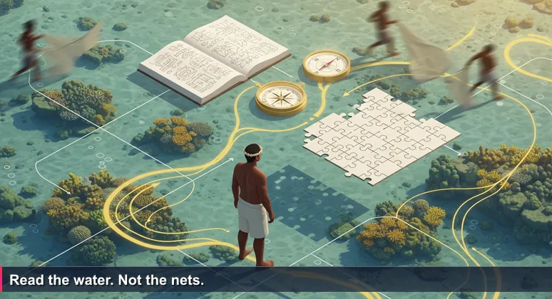 Samoan fisherman reading water currents at dawn, symbolizing patience and insight for AI career success.