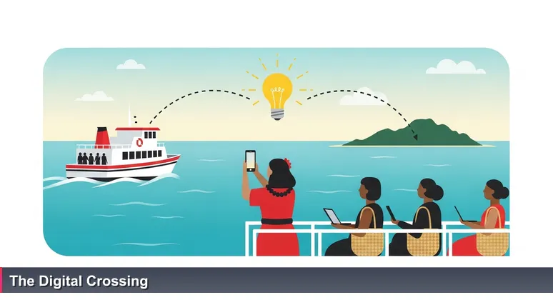 Ferry crossing between Upolu and Savai'i with passengers carrying laptops and woven bags, symbolizing digital connectivity bridging island geography to global tech careers.