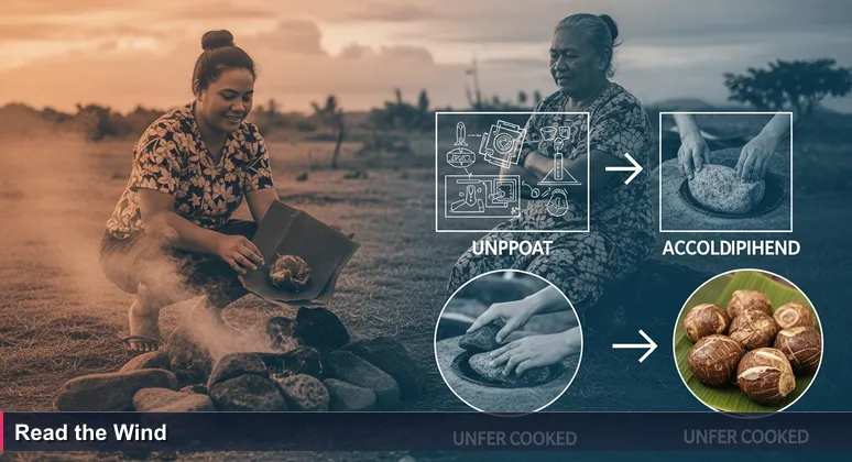 A young Samoan woman crouches beside a smoky umu, lifting a banana leaf to reveal undercooked taro. Her grandmother stands behind her, arms crossed, smiling with patient wisdom. The scene represents the need to adapt AI learning to local conditions.