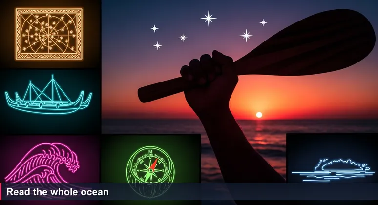 Samoan navigator on a double-hulled canoe at dawn, reading the ocean and sky as a living map. Southern Cross visible, no land in sight.