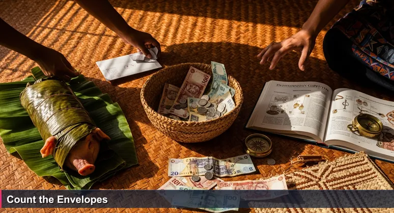 A Samoan family gathered around a tanoa (kava bowl) filled with money envelopes and a wrapped pig, representing community funding for education.