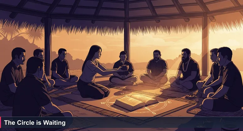 A circle of people sitting on woven mats under a thatched fale, a young woman passes a kava cup, late afternoon light, everyone listening.