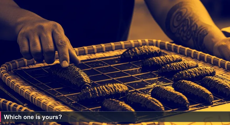 A hand hovers over a woven pandanus tray of glossy black sea cucumbers at Fugalei Market, morning light catching their moisture, vendor's tattooed forearm nearby.