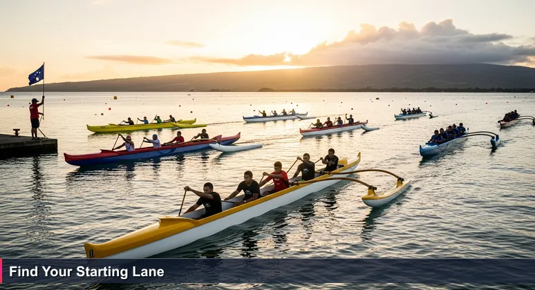 A line of outrigger canoes at dawn in Apia harbour, Samoan paddlers poised with blades near water, official raising starting flag, sun rising over Upolu.