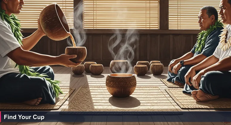 A tautua pours 'ava into a coconut cup, steam rising, with matai seated cross-legged on woven mats inside a fale.