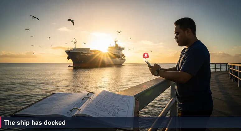 A young Samoan standing on Mulifanua Wharf at dawn, watching a container ship arrive, symbolizing new cybersecurity job opportunities in Samoa.