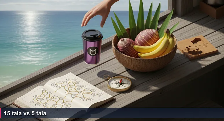 Hand hovering between a takeaway coffee cup and a woven basket of taro on a wooden counter, with Pacific Ocean visible through window. Symbolizes choice between import and local economies.