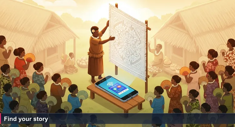 A Samoan auctioneer in ʻie lavalava holds a finely woven ʻie tōga high at a village faʻatau; in background a smartphone shows a digital skills workshop flyer, symbolizing tradition and tech.