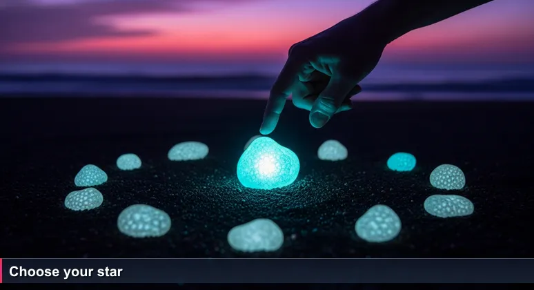 Hand hovering over a Samoan star compass of coral stones on sand at dawn, symbolizing choice and guidance.
